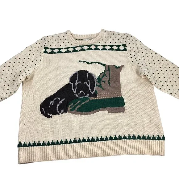 LL Bean Ragg Wool Crewneck Intarsia Sweater Womens 2X PLUS Cream Puppy With  Boot